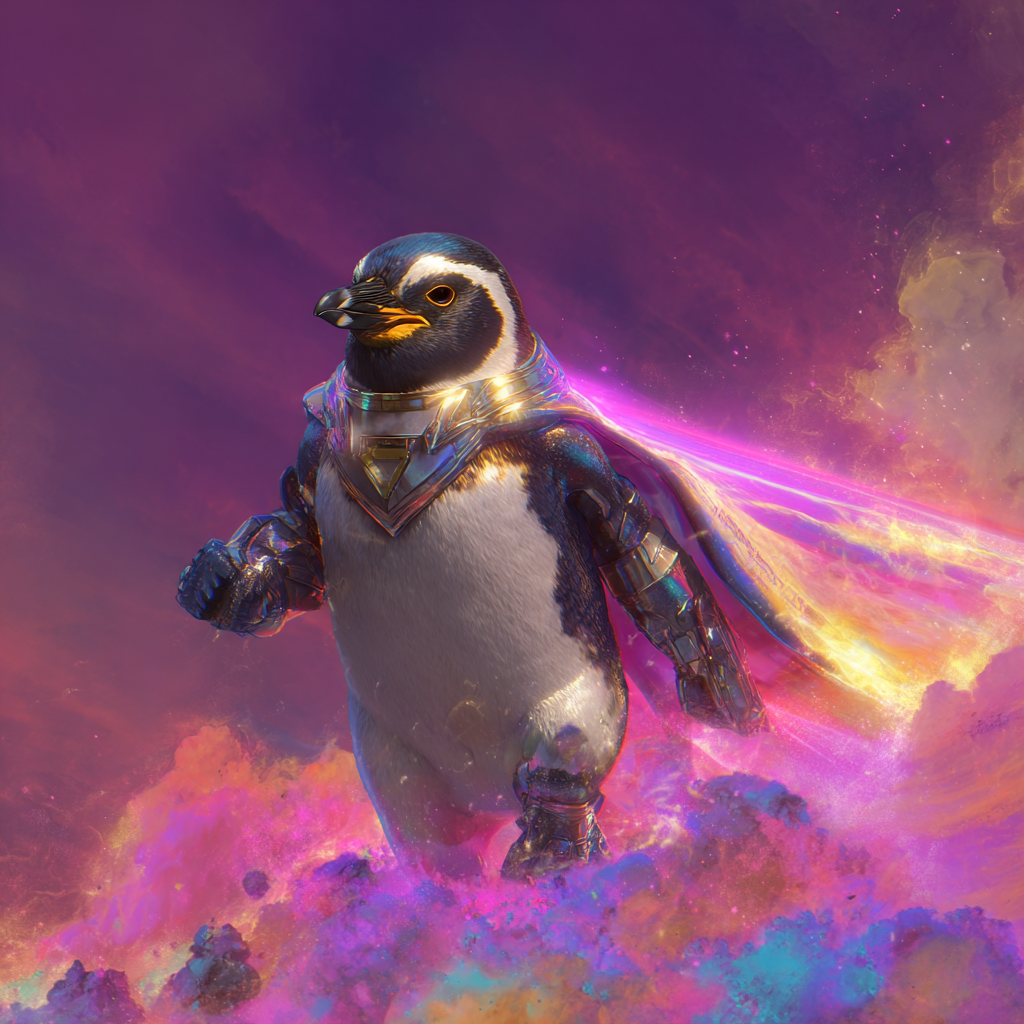 Soulglyph — a custom AI identity portrait, a cosmic penguin heroic profile rendered in luminous surrealism