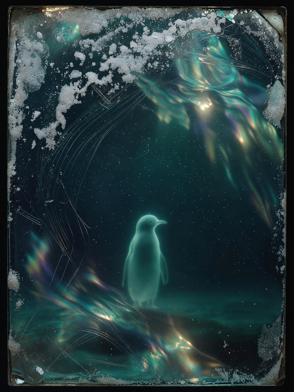 Salt on the glass — Through salt-streaked and scratched glass, the faint outline of a small penguin shows against a muted background.