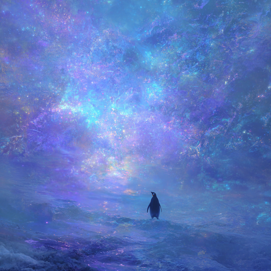 aura protagonist penguin in a vast cosmic ocean