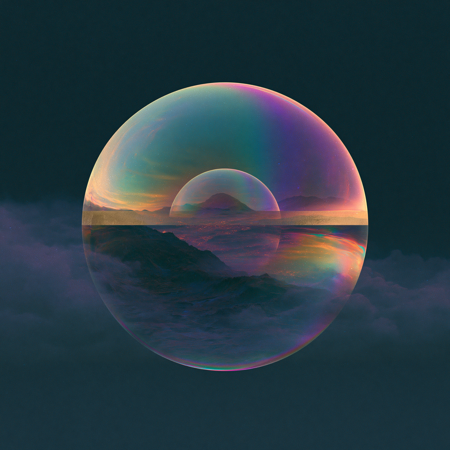 An iridescent sphere holds a mountain range and a rising sun inside it, against a dark teal ground.