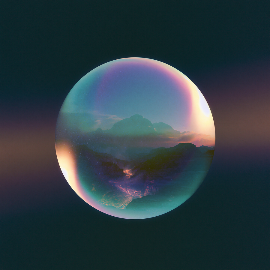 A sphere holds snowy peaks and a valley glowing violet, sunlight entering from the right.