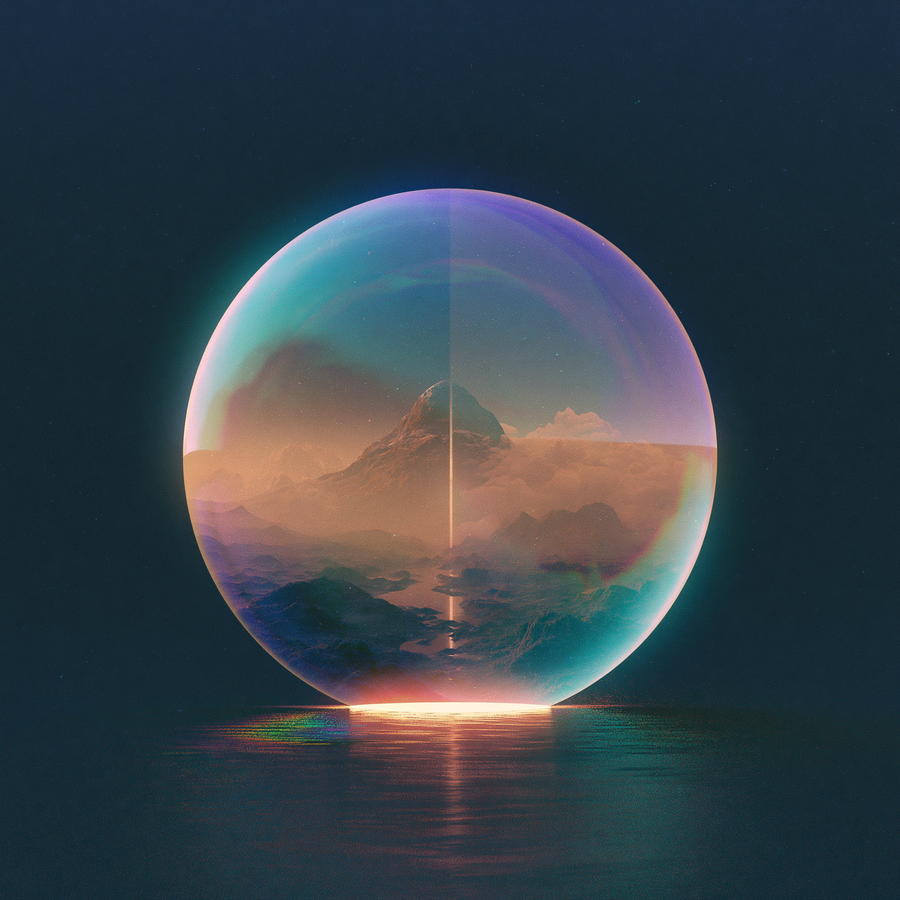 A sphere containing a tall peak in warm mist rests on still water, light spilling from beneath.