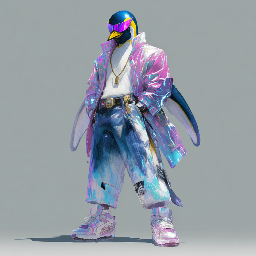 An upright penguin figure in an iridescent pink and blue jacket over denim, one flipper visible at the cuff.