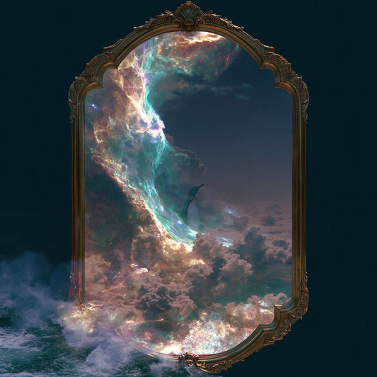 A sealed coin — an ornate floating frame opening onto elsewhere