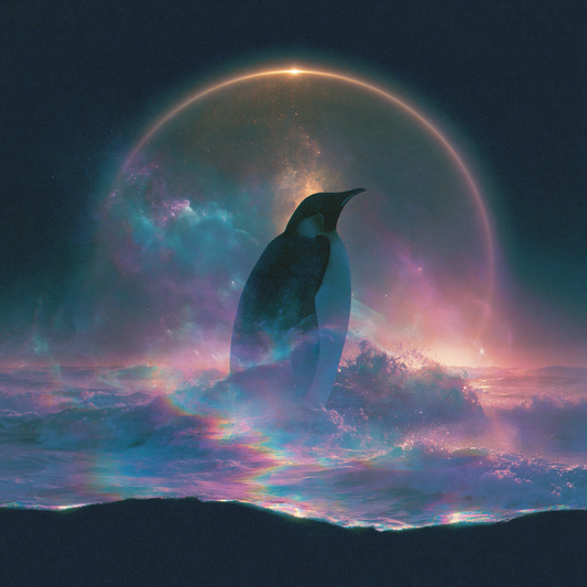 Soulglyph portrait sample: glass-lit penguin under a gold arc over a mirror sea