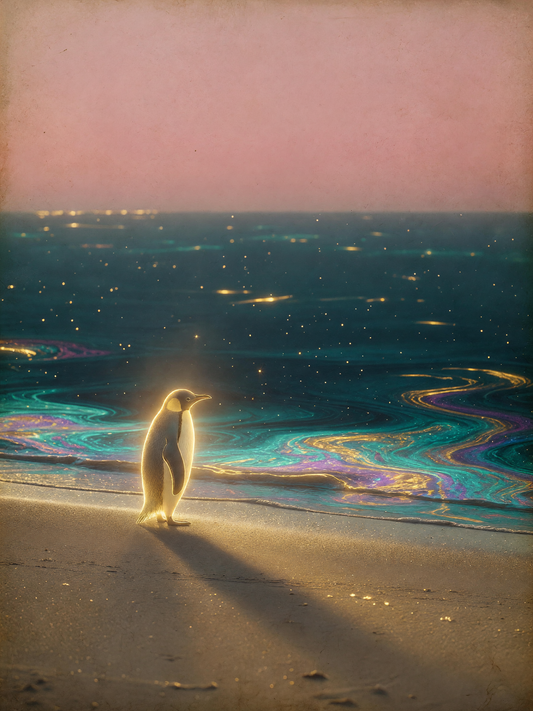 Brass hour — A small luminous penguin stands motionless on the quiet shore beneath low brass light and a sky faded to paper rose, the entire scene softened by heavy grain and worn edges.