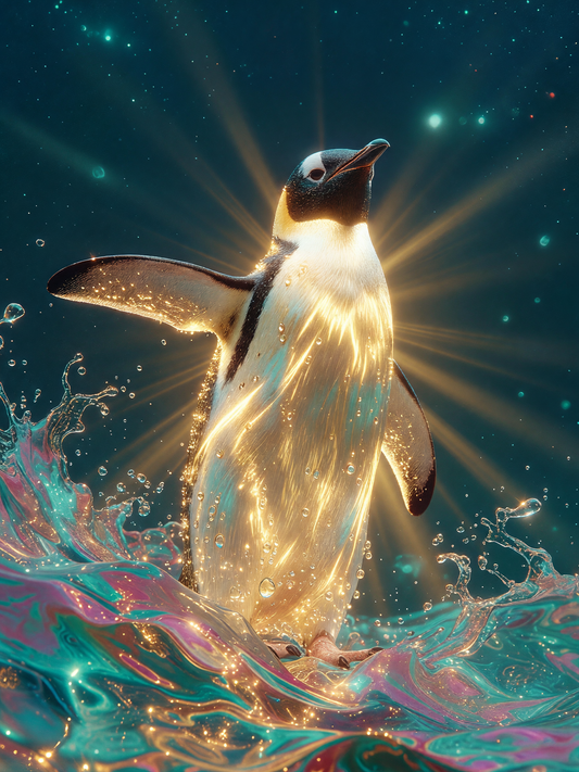 Gold, unbothered — A luminous penguin fills the frame from a low angle, breaking through teal and rose water while golden light spreads outward from its body.