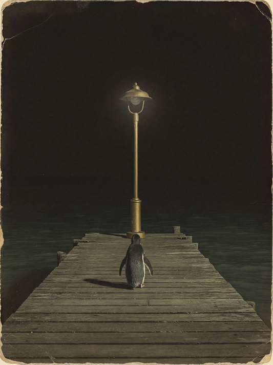 The last lamp on the jetty — A small penguin stands with its back to us at the foot of an old brass lamp mounted on a weathered wooden jetty, the whole scene faded like a photograph taken long ago.