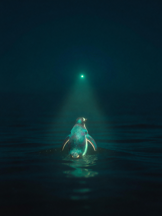 The lighthouse that answers — A small luminous penguin swims away across dark water toward one distant teal point of light.