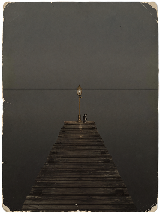 The long jetty — A small penguin stands with its back to the viewer at the foot of a single brass lamp on a weathered wooden jetty, shown in the faded tones of an old photograph.