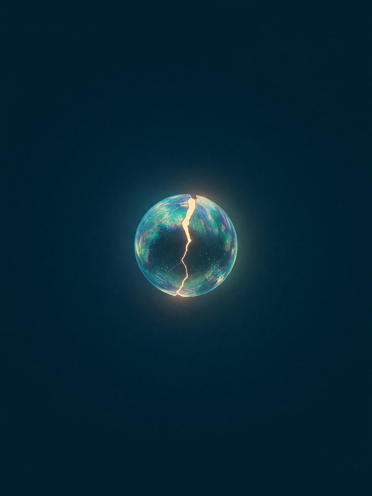 The mended orb — A glowing orb rests in the center of a deep navy field, crossed by one continuous torn line of gold.