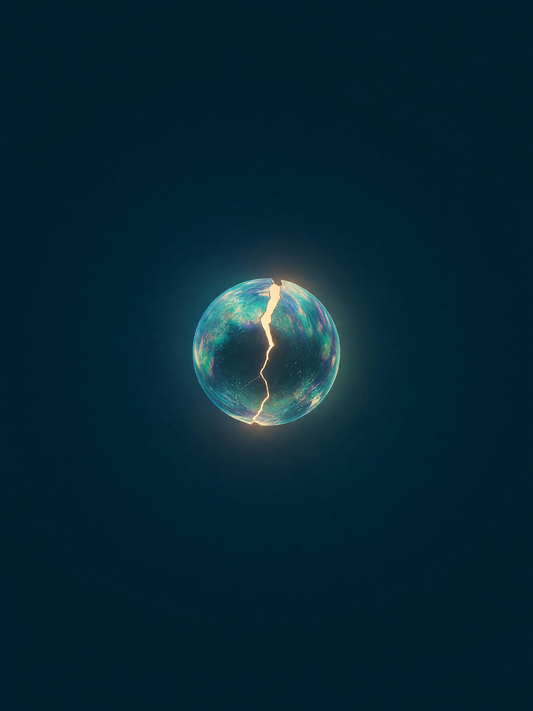 The mended orb — A glowing orb rests in the center of a deep navy field, crossed by one continuous torn line of gold.