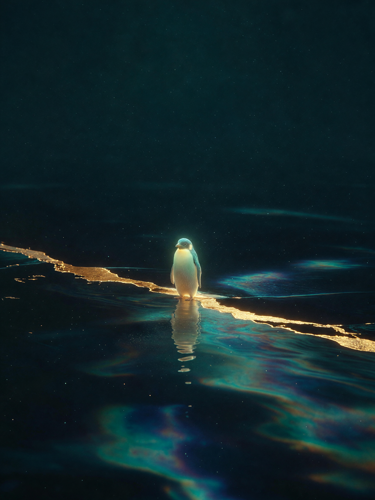 Where the dark split — A small glowing penguin stands at the edge of a wide gold seam splitting dark water, the only light coming from inside the bird itself.