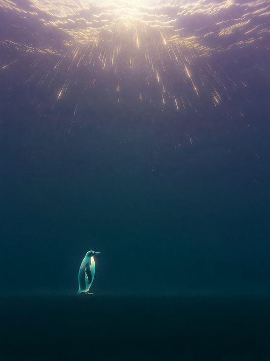 Under the glare — A small luminous penguin stands in the lower part of the frame, looking up at a bright white-gold sky that fills the upper space, with deep navy below.