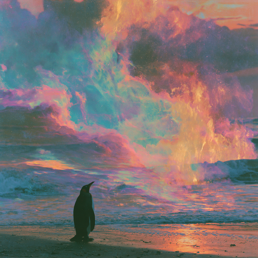 a lone penguin gazing upward a cosmicoceanic