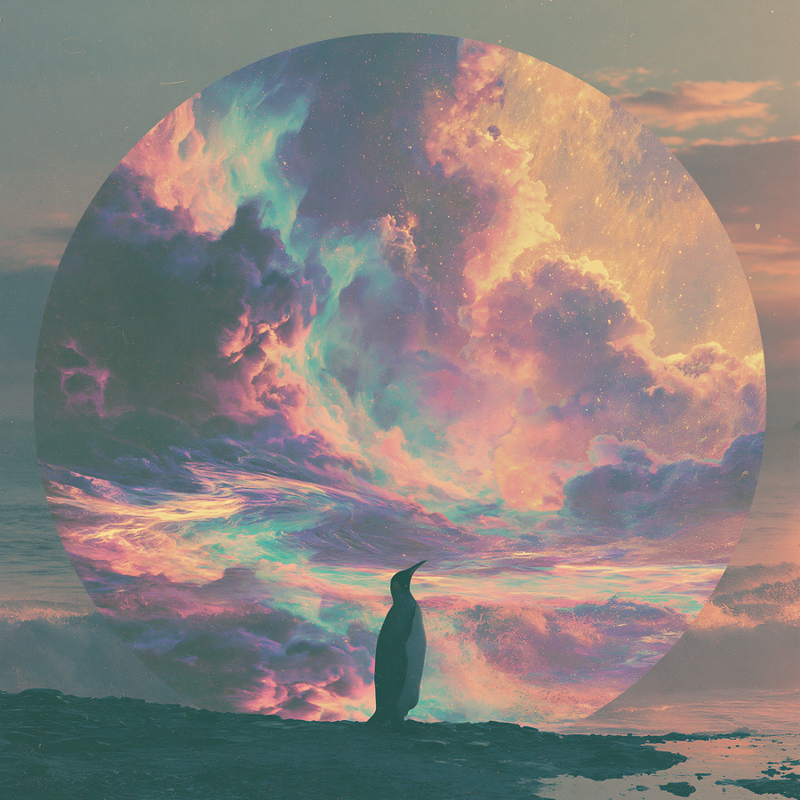 A small dark penguin stands on a rocky shore facing an enormous pale disc that fills the sky, its surface turning with pink and gold cloud.
