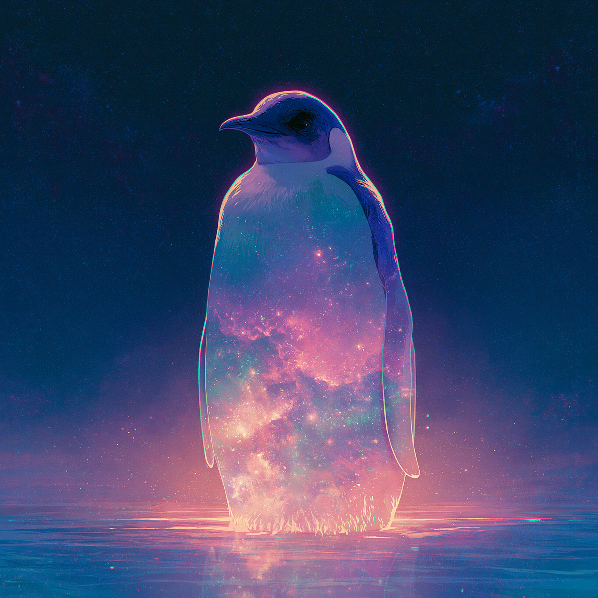 The Protagonist II — a lone luminous penguin, centre frame