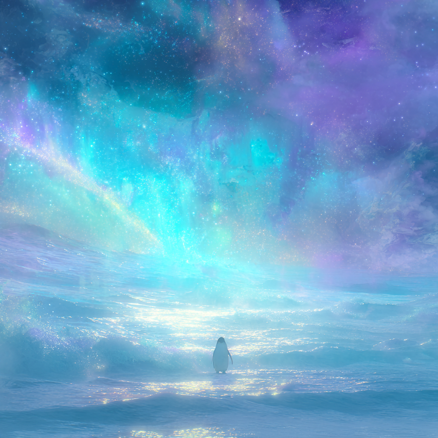 aura protagonist penguin in a vast cosmic ocean