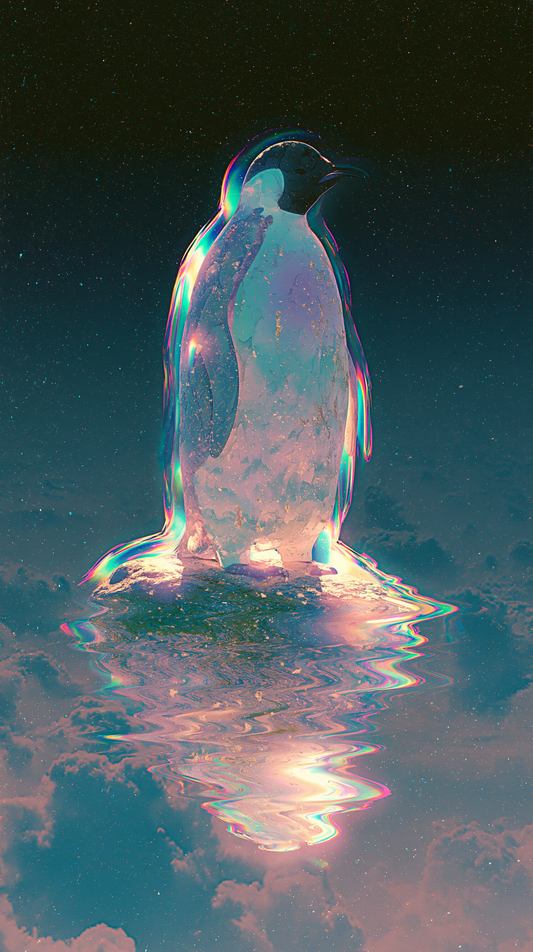 A penguin rendered in split channels of cyan and red, edges pulling apart, standing on a reflective bank of cloud.