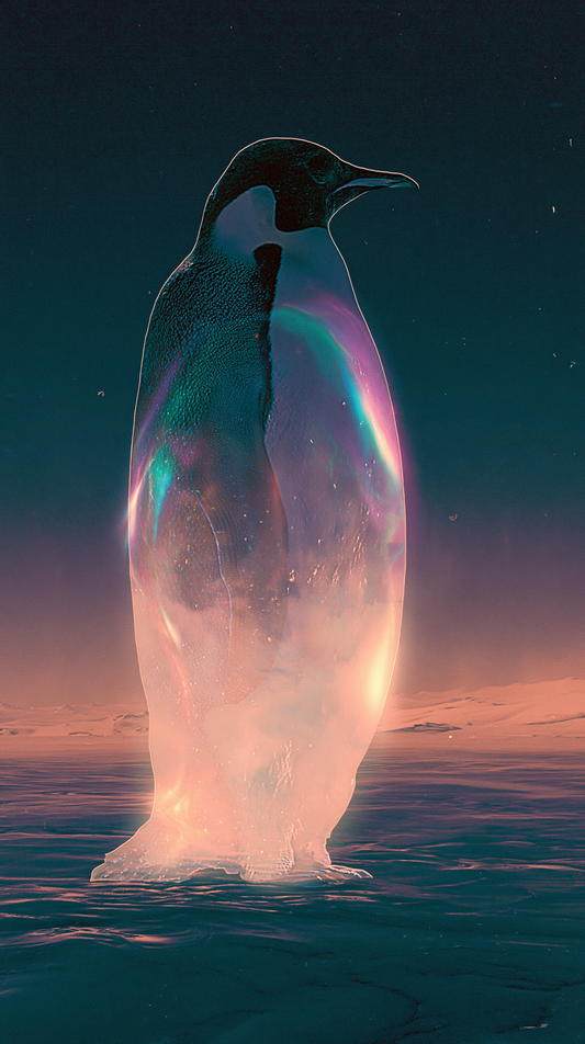 A penguin the colour of blown glass stands in shallow water, a warm horizon burning behind it.