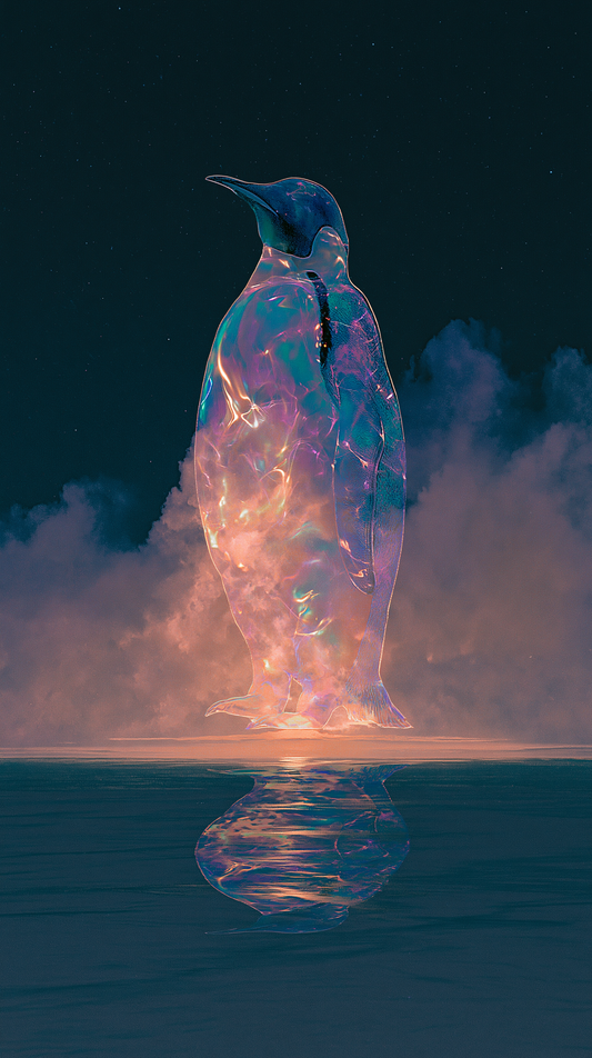 A slender translucent penguin stands on still water, gold light gathering at its feet.