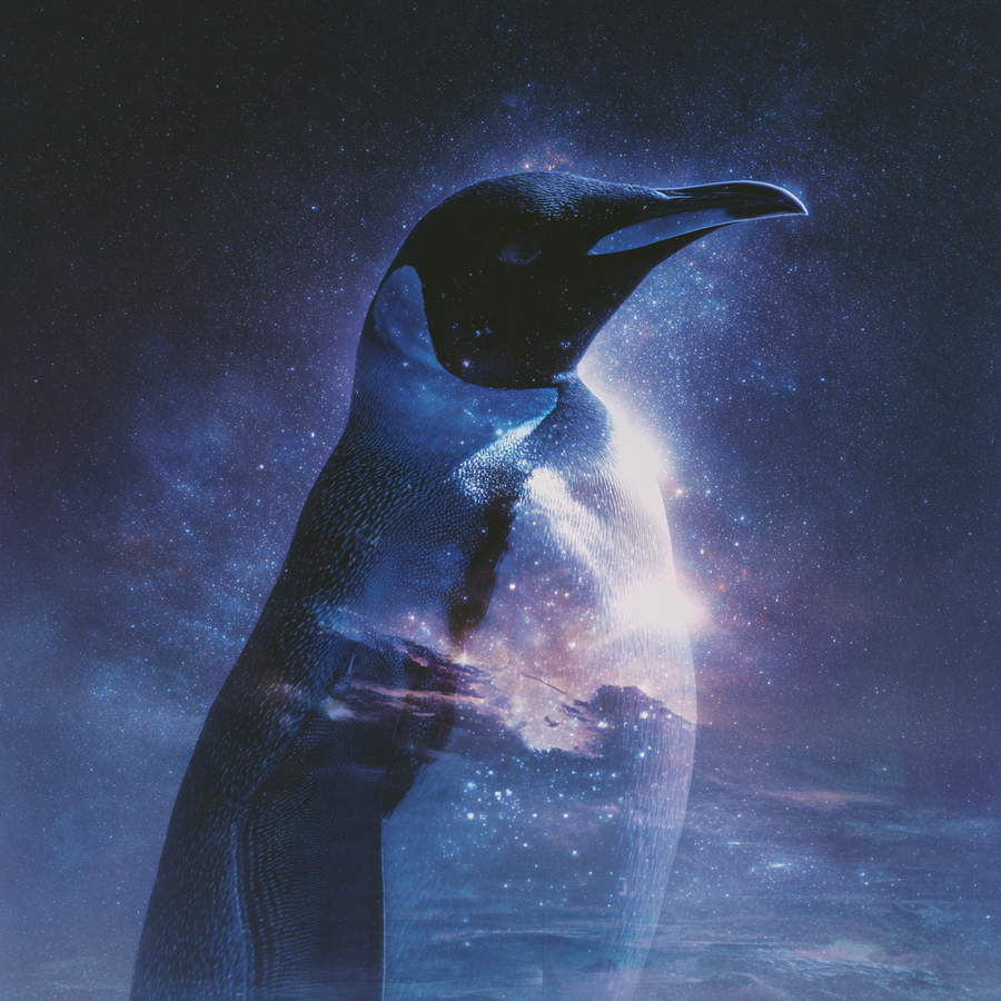 The Protagonist V — a lone penguin soul, cosmic and coastal