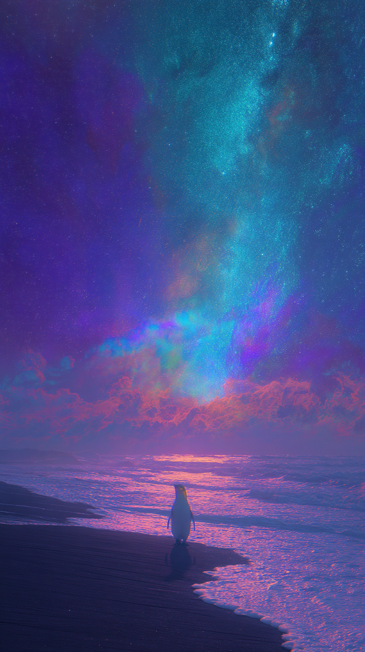 A lone penguin stands far down a violet shoreline beneath a wide magenta and teal sky.