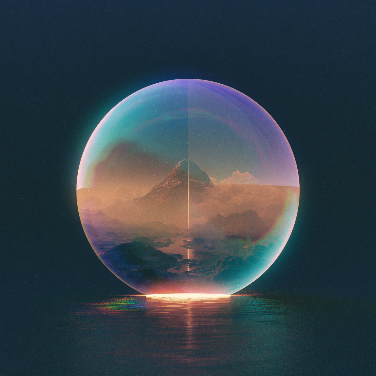 A sphere containing a tall peak in warm mist rests on still water, light spilling from beneath.