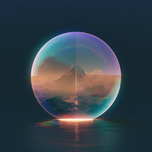A sphere containing a tall peak in warm mist rests on still water, light spilling from beneath.