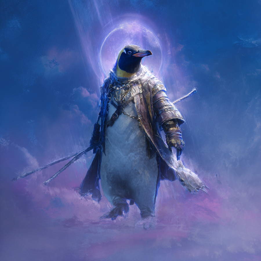 A penguin figure in a layered cloak and harness stands in violet cloud, a pale ring of light behind its head.