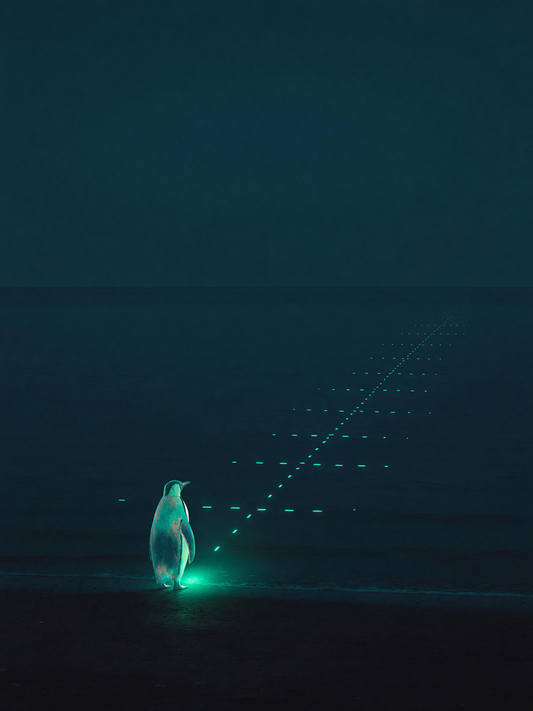 Morse across the Sounding — A small luminous penguin stands on a dark shore facing the horizon, with a single teal light pulsing outward from beside it.