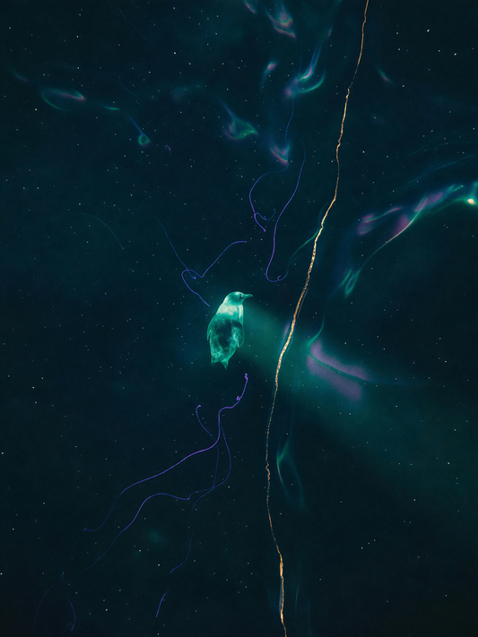 The first seam — A small glowing penguin descends through deep navy water, its teal light catching a thin gold line nearby.