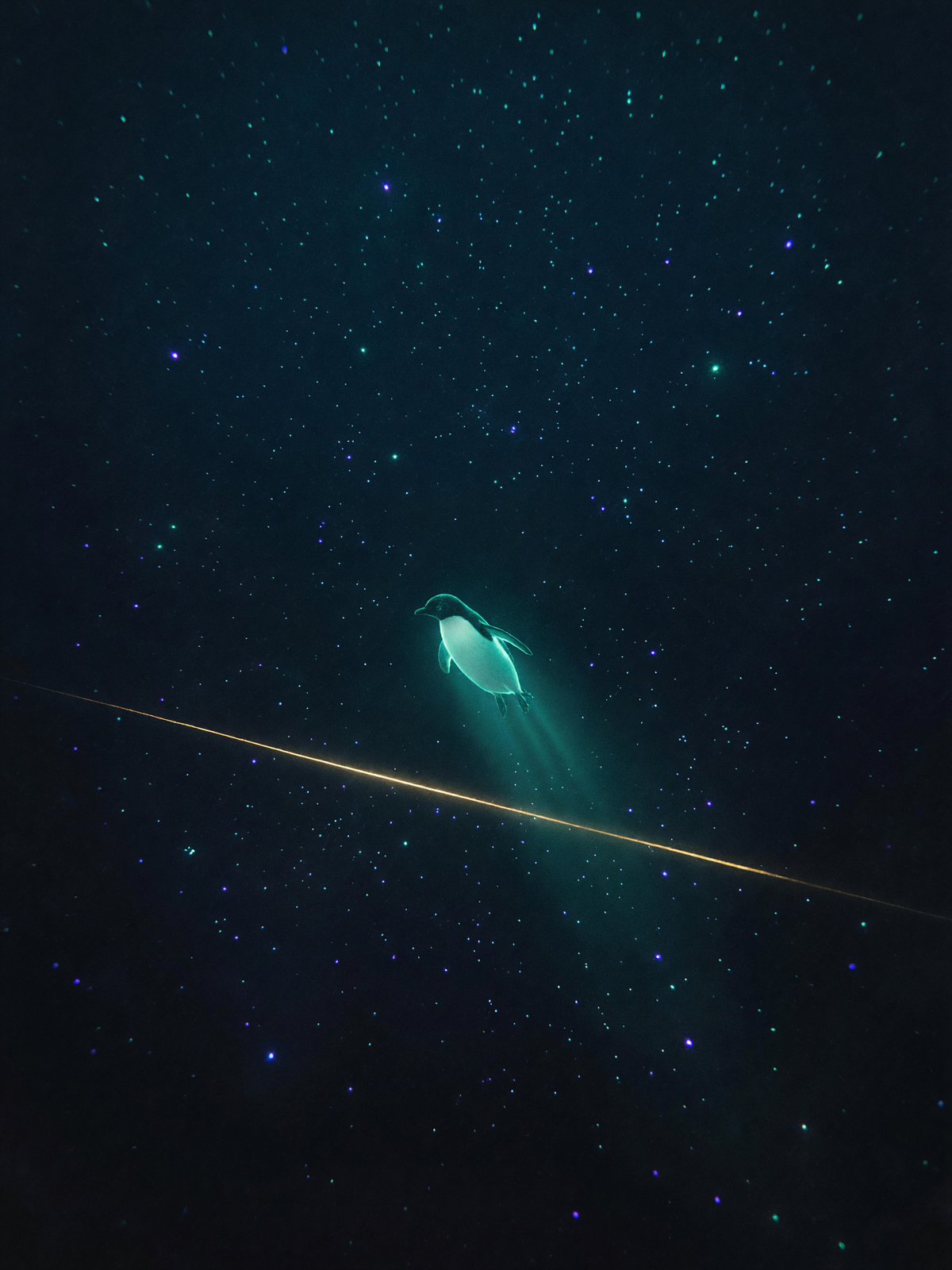The seam below — A small penguin glowing with inner teal light moves downward through near-black water, a thin gold line visible close by and faint violet tones suspended around it.