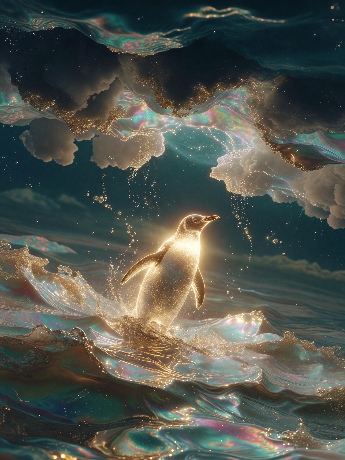 Pearl water, gold bird — A luminous penguin breaks through pearl-sheened, oil-slick water under heavy cloud, gold light spreading outward across teal and rose.