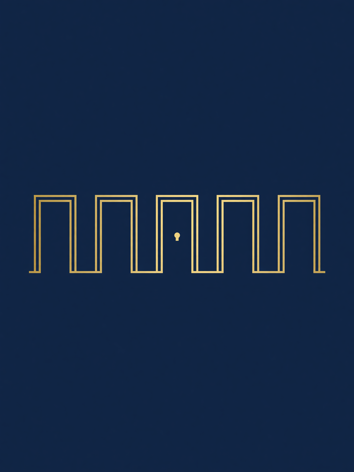 Five thresholds — A balanced set of five doorways appears as clean gold outlines centered on deep navy, with a small symbol marking the middle door.