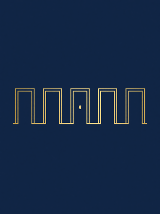 Five thresholds — A balanced set of five doorways appears as clean gold outlines centered on deep navy, with a small symbol marking the middle door.
