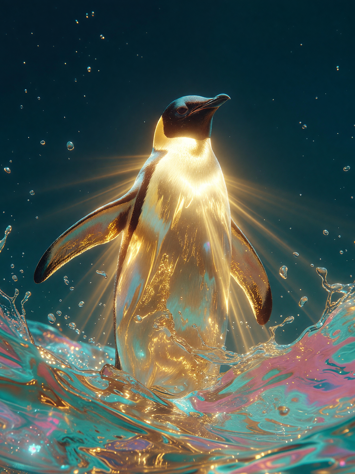 Surfacing in gold — A single luminous penguin fills the frame from a low angle, breaking through teal and rose water. Full-strength gold light radiates outward from its body.