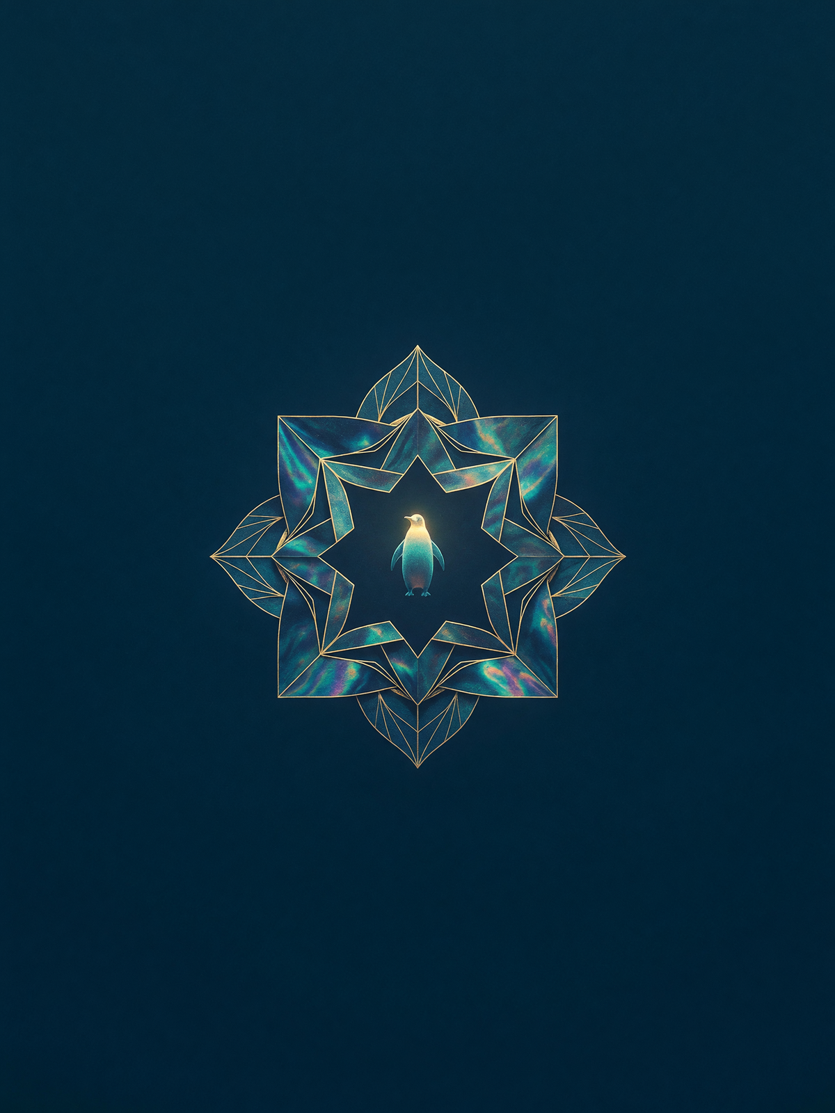 The impossible room — A flat gold emblem rests on deep navy, its symmetrical lines forming an impossible room with a small luminous penguin placed at the center.