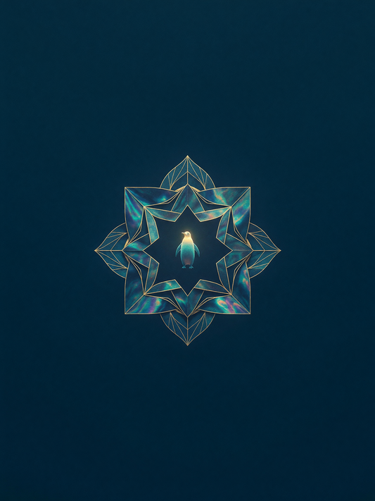 The impossible room — A flat gold emblem rests on deep navy, its symmetrical lines forming an impossible room with a small luminous penguin placed at the center.
