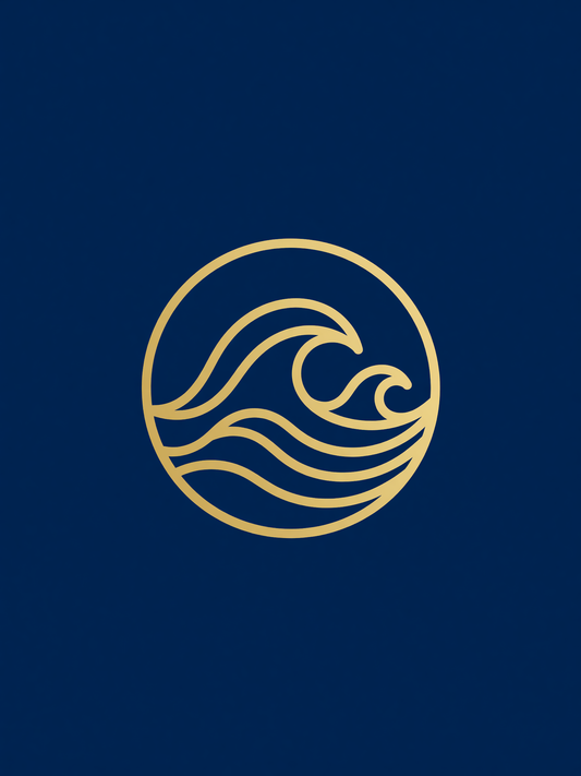 The tide-sigil — A symmetrical gold circle with one folded wave inside sits centered on a deep navy field.